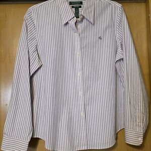 Lauren Ralph Lauren Womens Non Iron Striped Button Down Shirt Size P/Large Pink